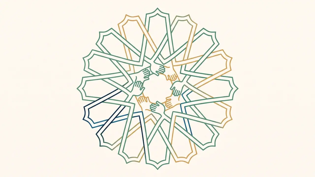Pola geometris islami yang membentuk lingkaran tangan bergandengan, palet sage dan emas lembut