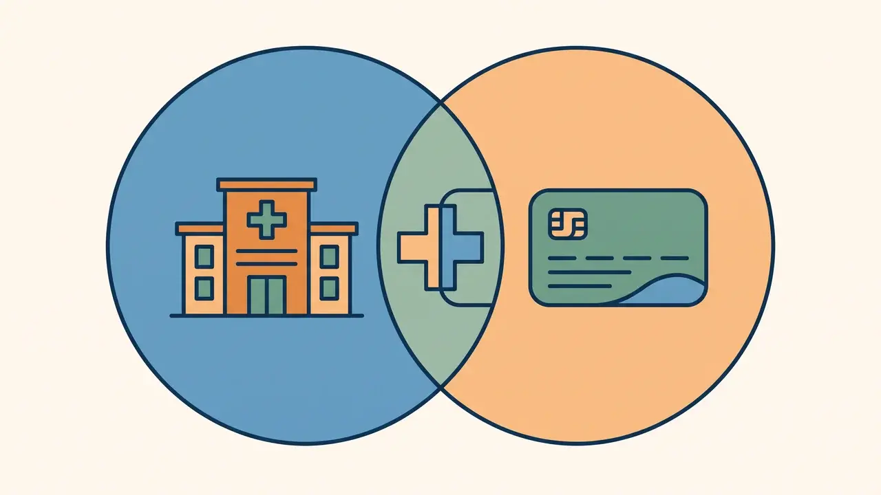 Dua lingkaran diagram Venn beririsan berisi ikon rumah sakit dan kartu, gaya infografis lembut
