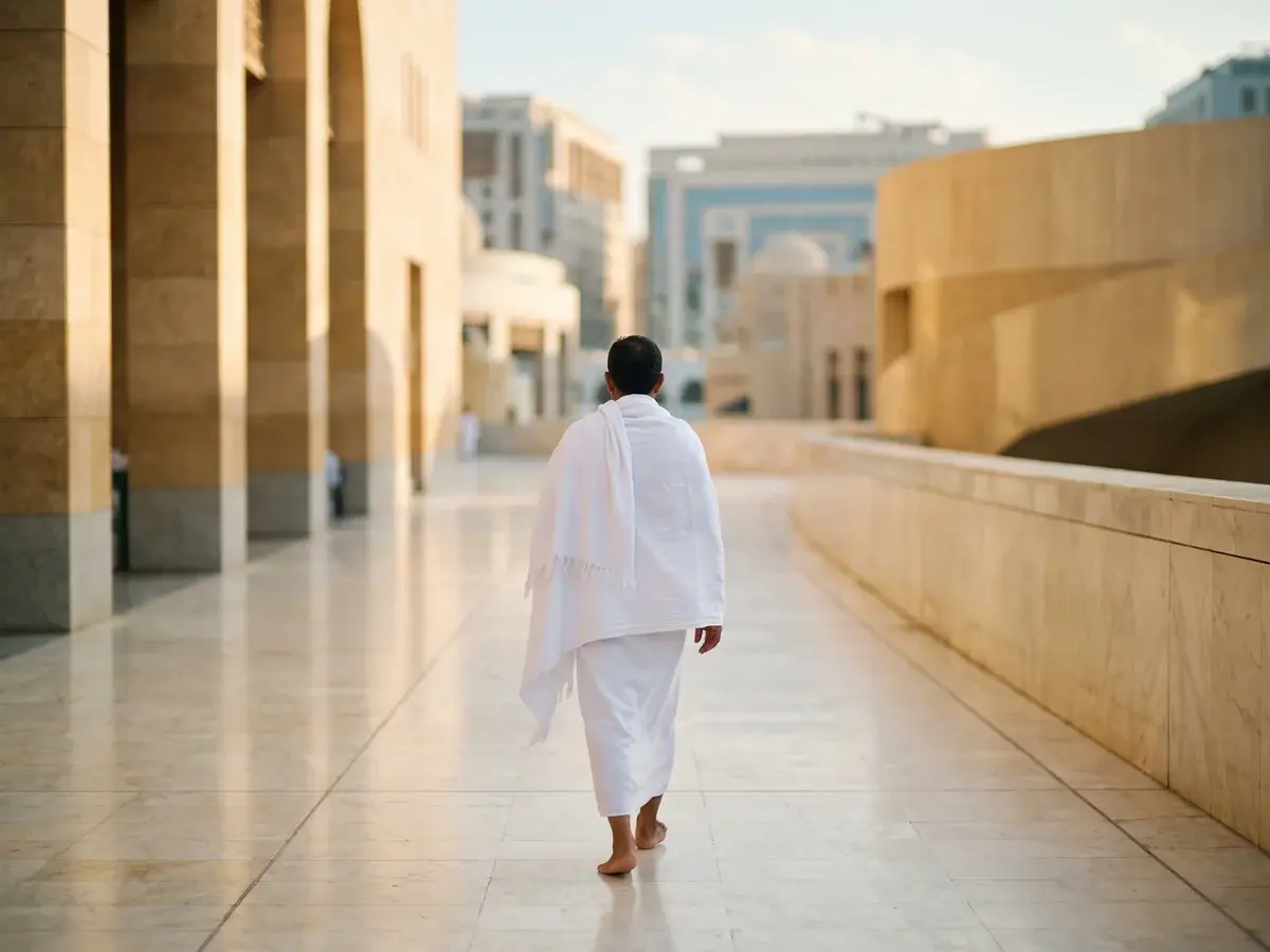 Jemaah dengan pakaian ihram berjalan tenang, komposisi lembut dan penuh hormat, palet krem-emas
