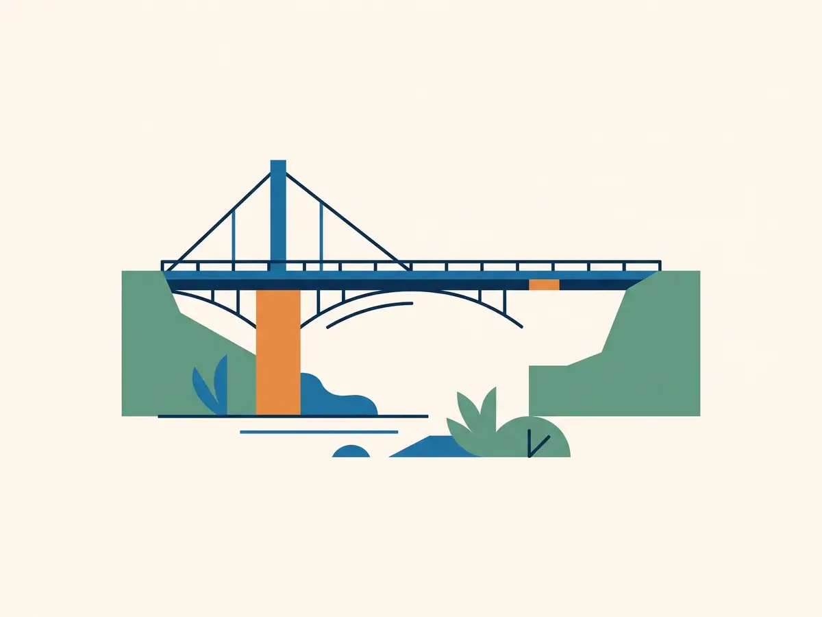 Ilustrasi jembatan yang tetap tersambung meski satu tiang penopang hilang, gaya garis minimalis