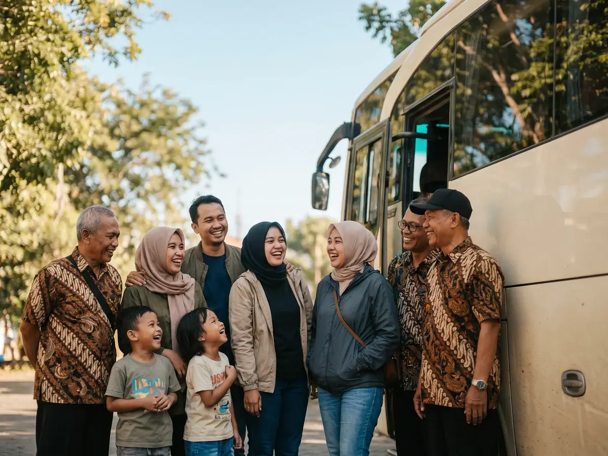 Rombongan wisatawan beragam usia berfoto bersama di depan bus wisata, suasana ceria